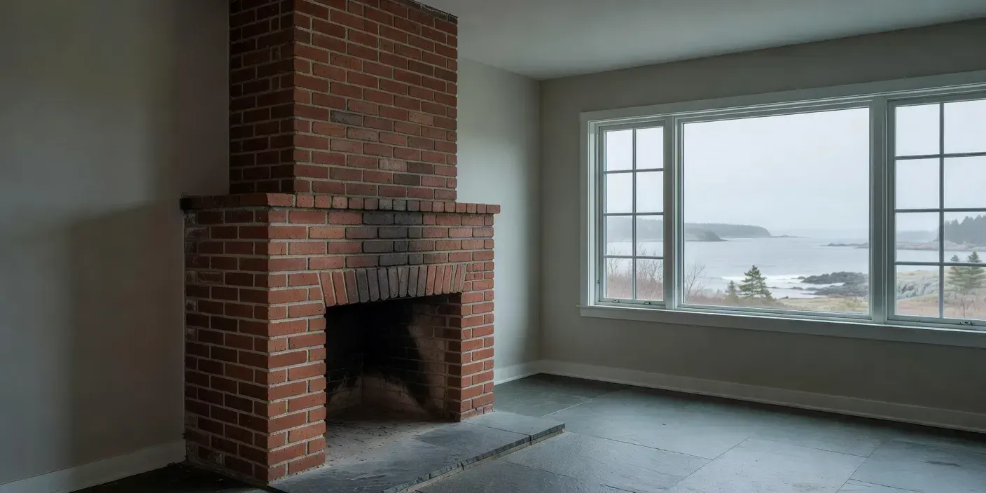 photographic alt of a Portland ME brick chimney and cleared hearth ready for inspection on a gray coastal morning
