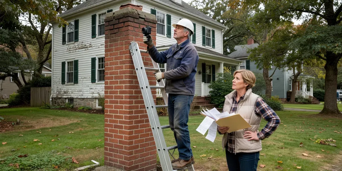 photographic alt of a Portland Maine inspector on a ladder reviewing a brick chimney crown while a homeowner holds a folder of prior service receipts in the yard
