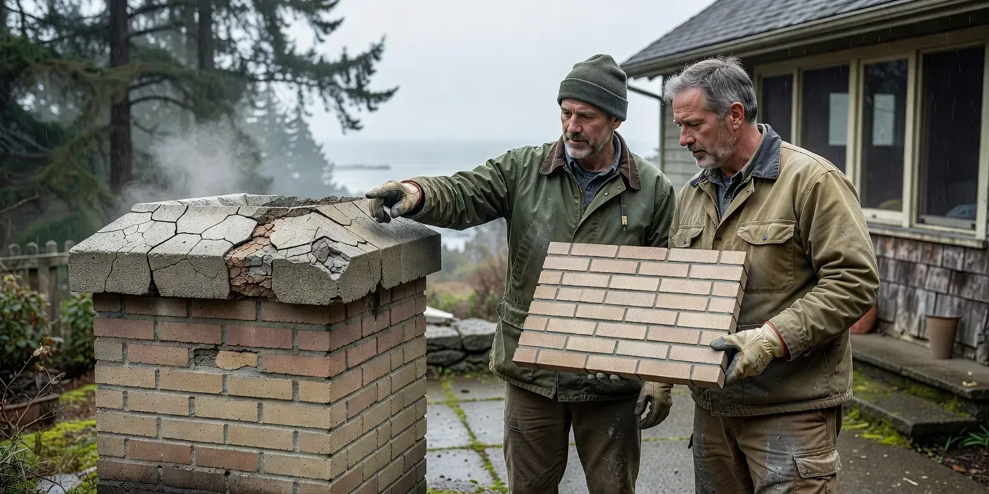 photographic alt of a Portland homeowner and mason comparing a cracked chimney crown to tight brick courses on a gray coastal morning