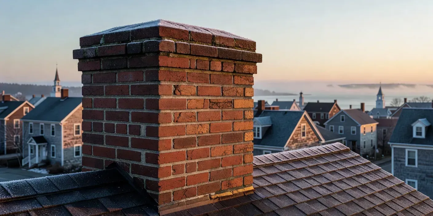 photographic alt of a Portland, ME brick chimney with light frost on the crown and damp mortar joints at dawn