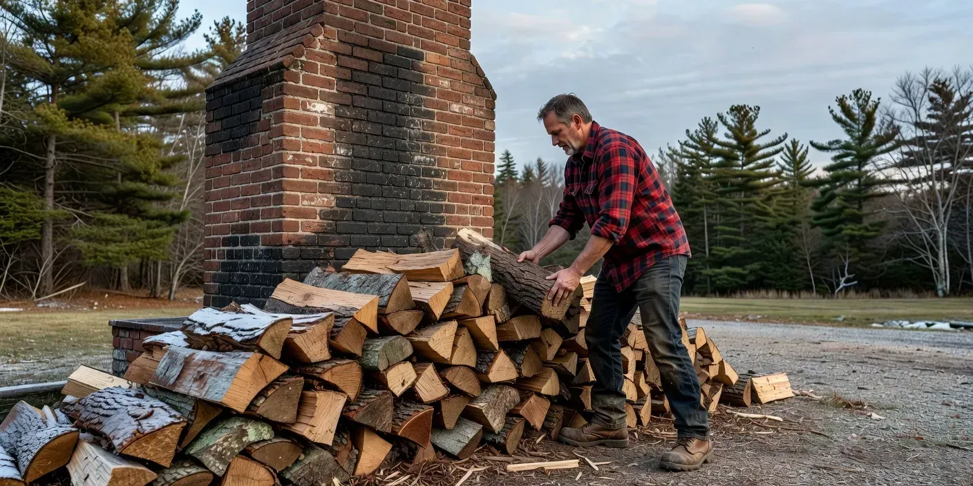 photographic alt of a Southern Maine homeowner clearing stacked firewood from a brick chimney base before a daytime inspection
