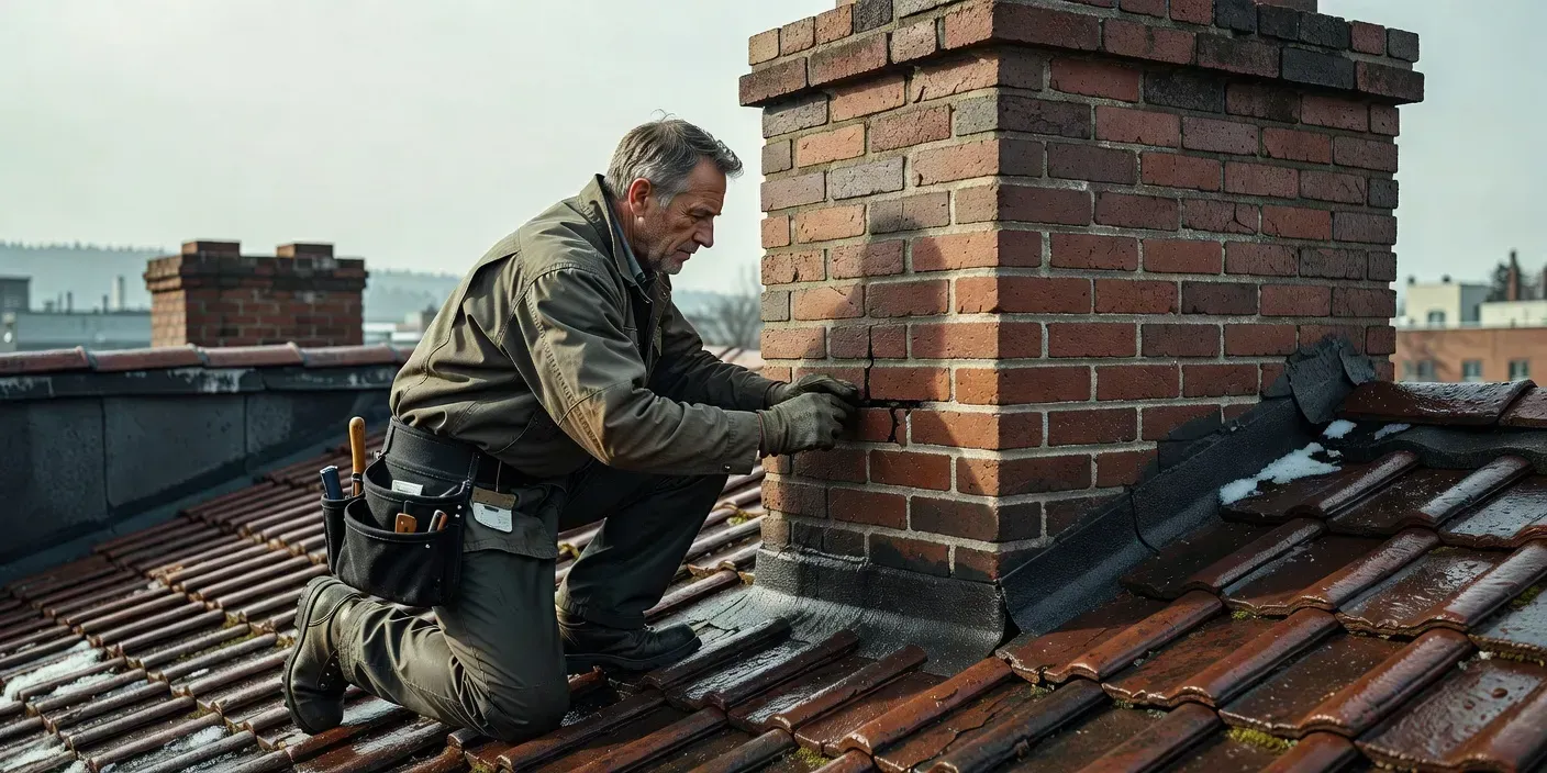 photographic alt of a technician on a Portland rooftop inspecting damp red brick chimney joints after a thaw