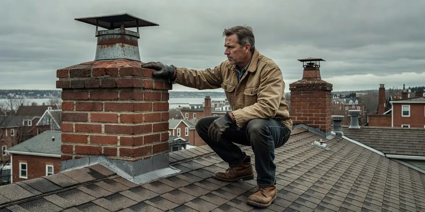 technician on a Portland Maine rooftop inspecting a brick chimney crown beside a metal cap under overcast sky
