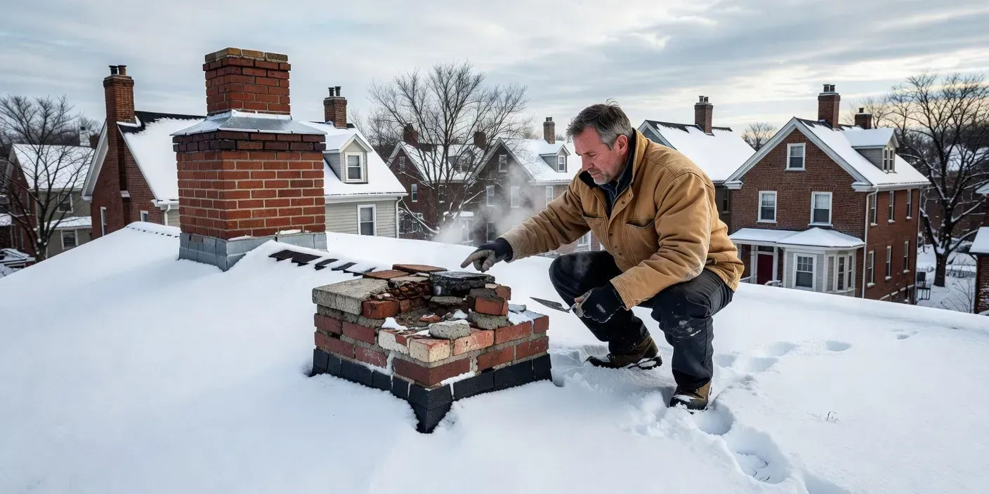technician on a snowy Portland Maine rooftop comparing a damaged chimney crown to a newly flashed brick stack on neighboring colonials