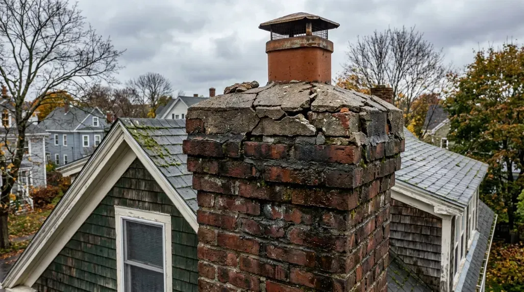 weathered brick chimney with visible crown cracks and damp mortar joints on a Portland Maine home