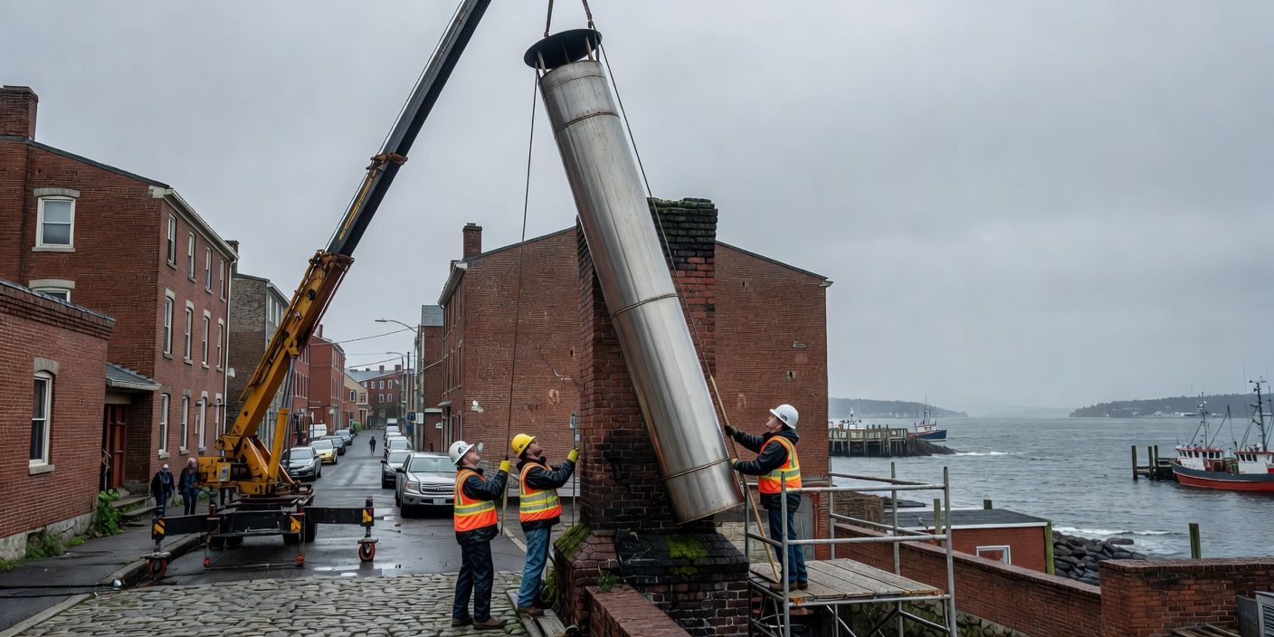 photographic view of a stainless steel chimney liner being lowered into a brick chimney on a gray coastal day in Portland Maine