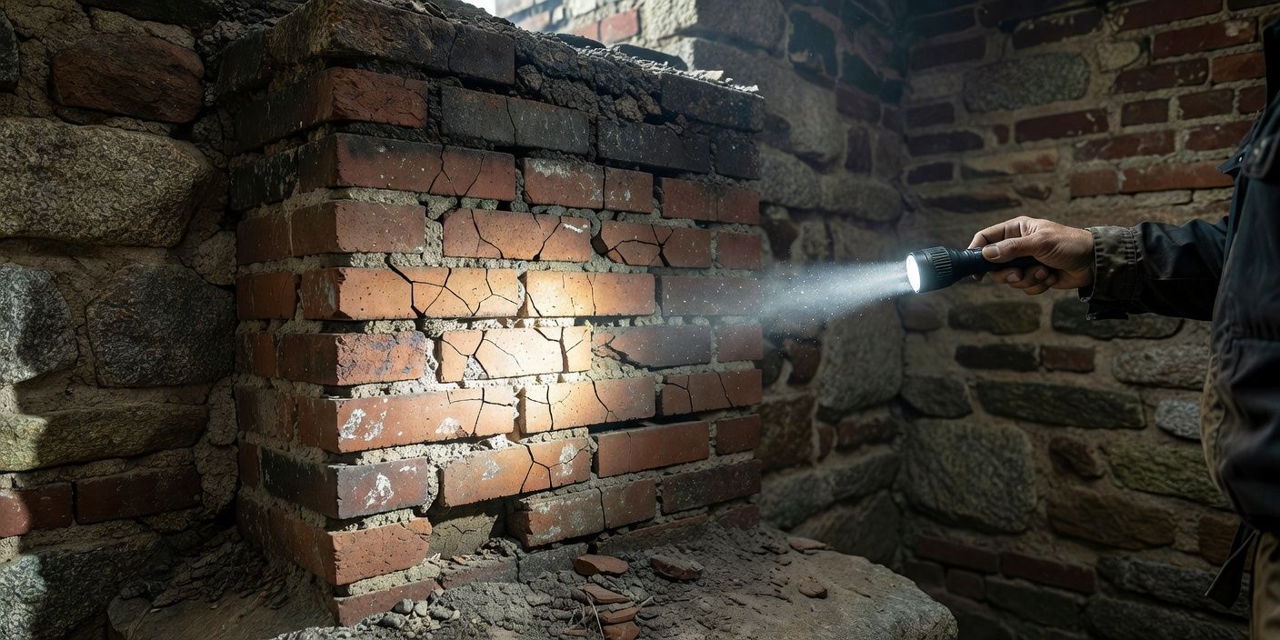 photographic interior view of a technician’s flashlight beam on cracked clay flue tiles inside a masonry chimney in a Southern Maine home