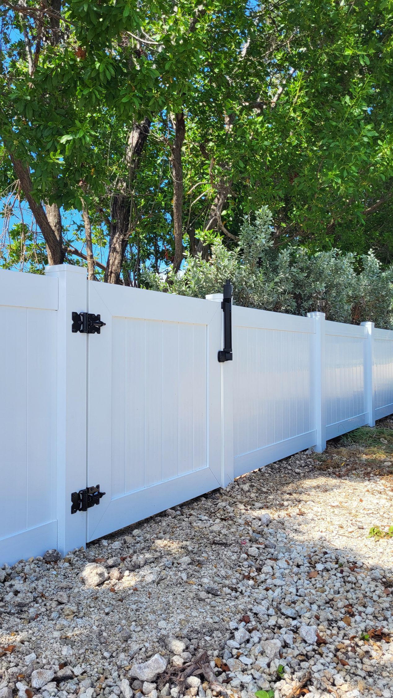 White vinyl fence with a gate, black hinges and latch, gravel ground, trees in background.