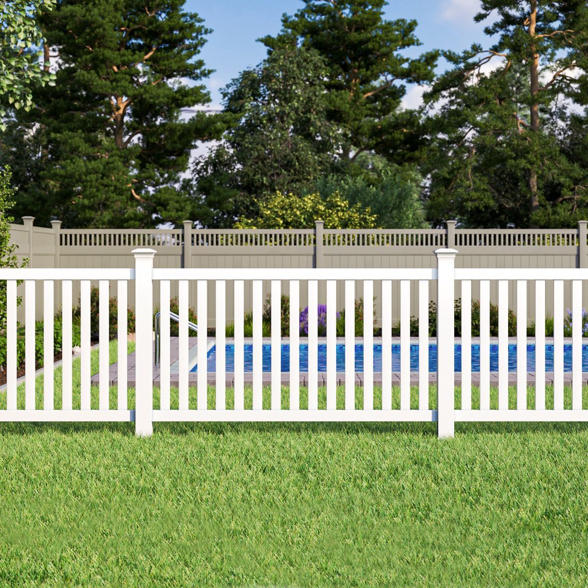 White picket fence around a swimming pool in a grassy backyard, trees in the background, sunny day.