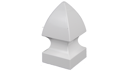 White decorative fence post cap with a pyramidal top.