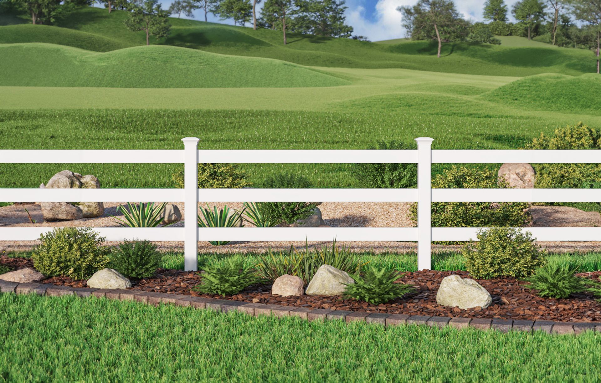 White fence in front of a green field with rolling hills and trees in the background.