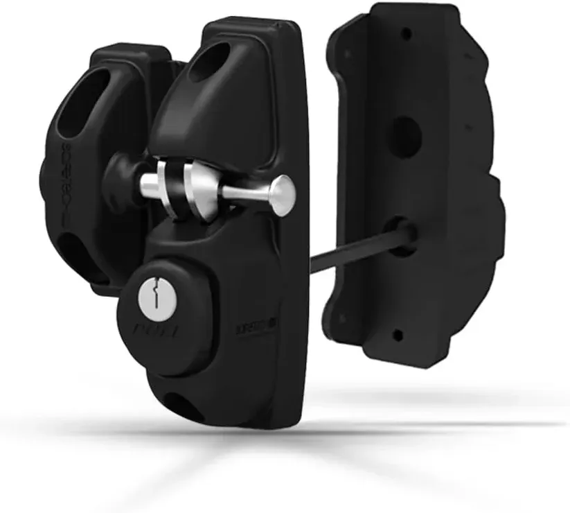 Black gate latch with keyhole and two parts, for securing a gate.