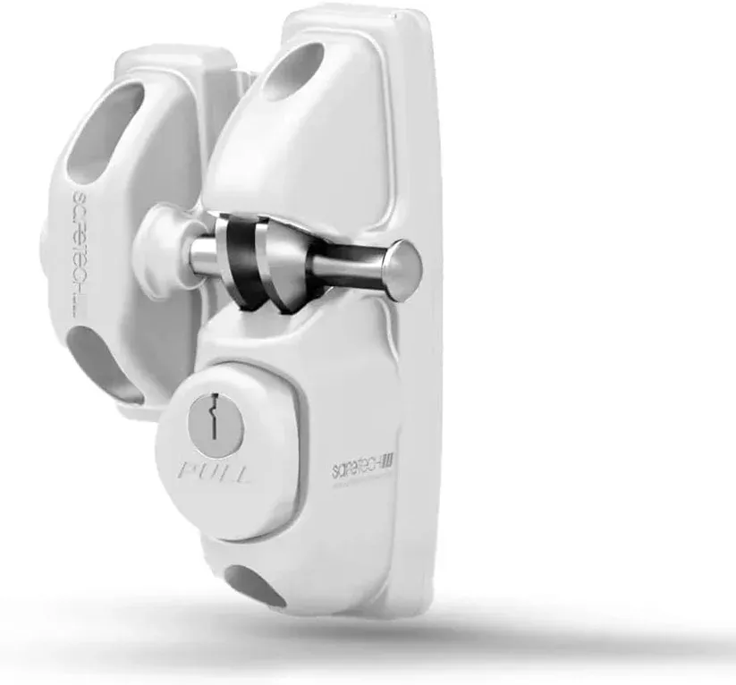 White window lock with a keyhole, a locking mechanism, and a lever handle.