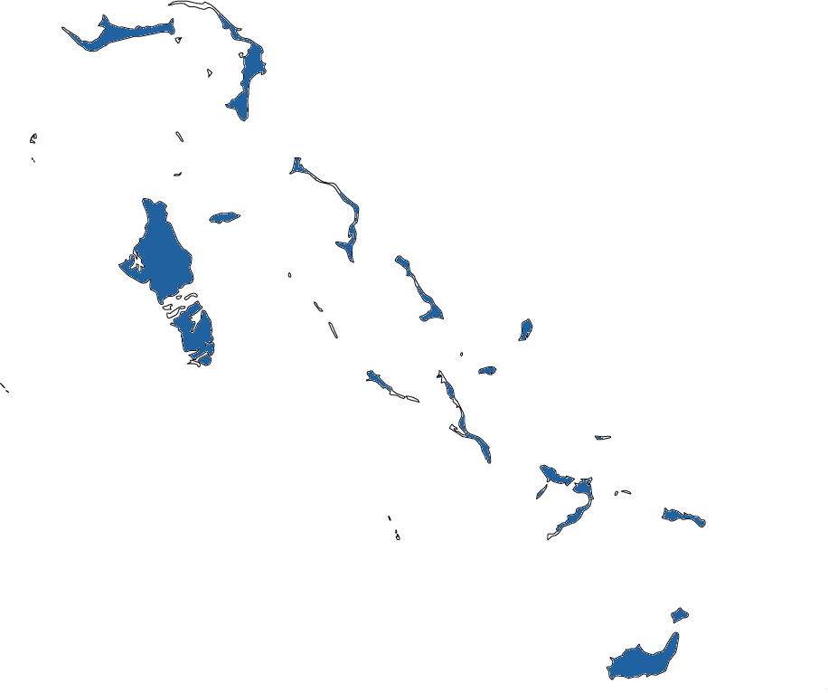 Map of the Bahamas, a chain of islands, depicted in blue against a white background.