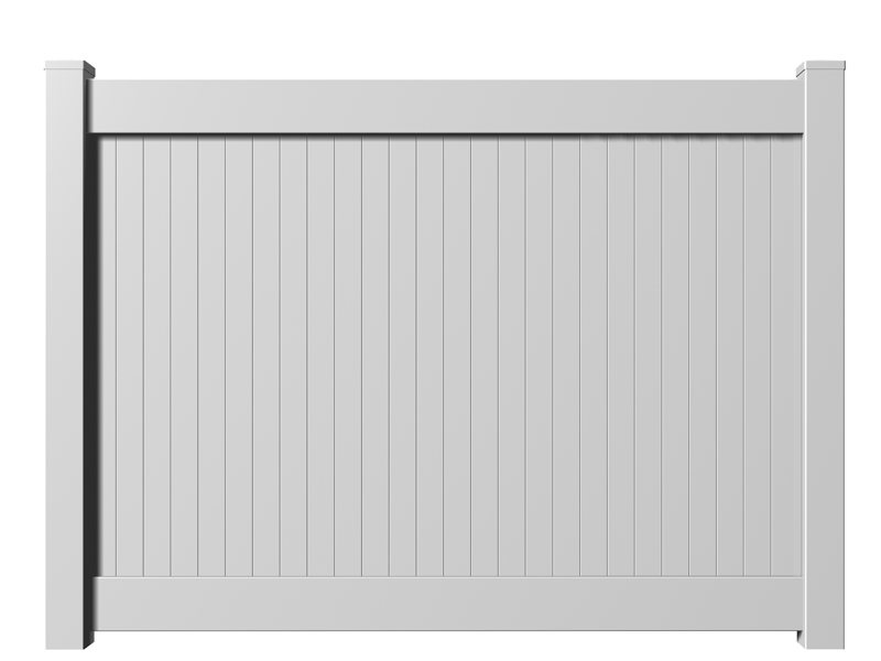 A white vinyl fence with a black post on a white background.