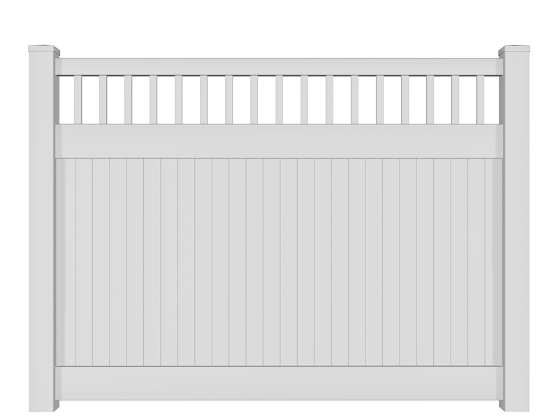 A white vinyl fence with a top railing on a white background.