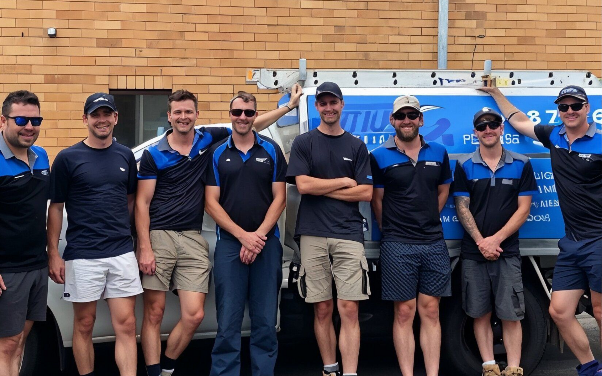 Eight people wearing matching blue and black company uniforms pose for a photo in front of a work truck.