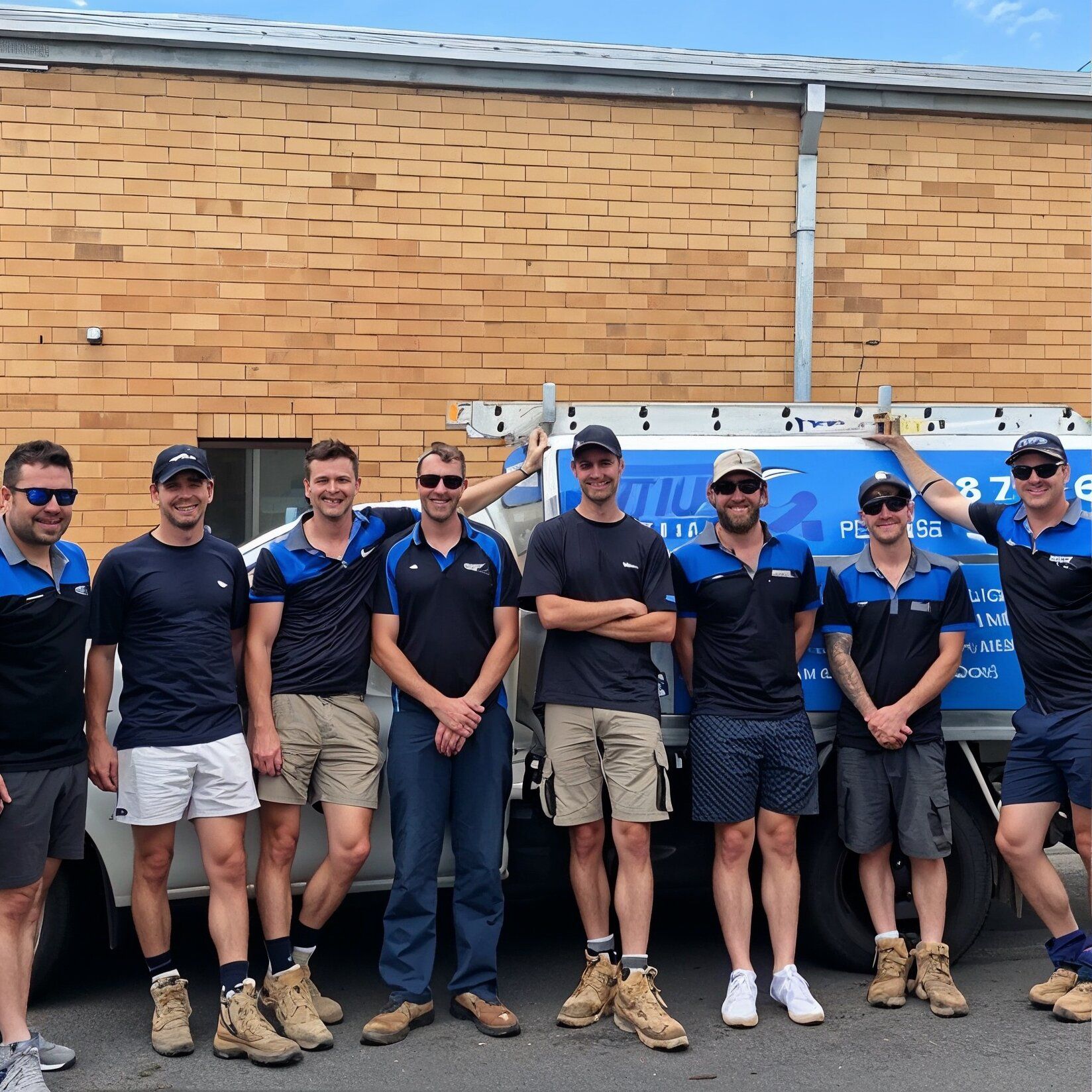 Eight workers in matching blue and black uniforms stand side-by-side in front of a work truck parked against a brick wall.