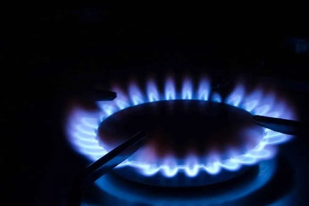 A close-up of a circular gas stove burner lit with bright blue flames against a dark background.