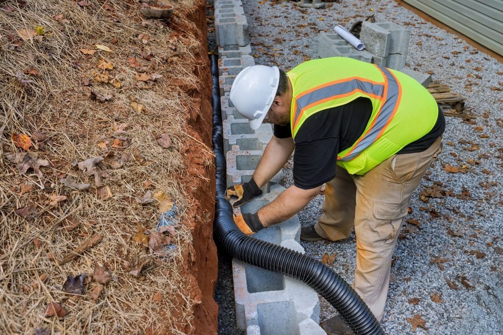 A worker in a high-visibility vest and hard hat installs black drainage pipe behind a newly constructed retaining wall.