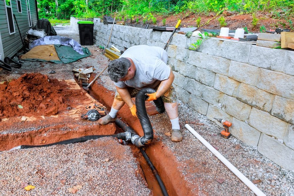 A worker in a gray shirt and gloves installs black drainage piping in a trench along a concrete retaining wall.