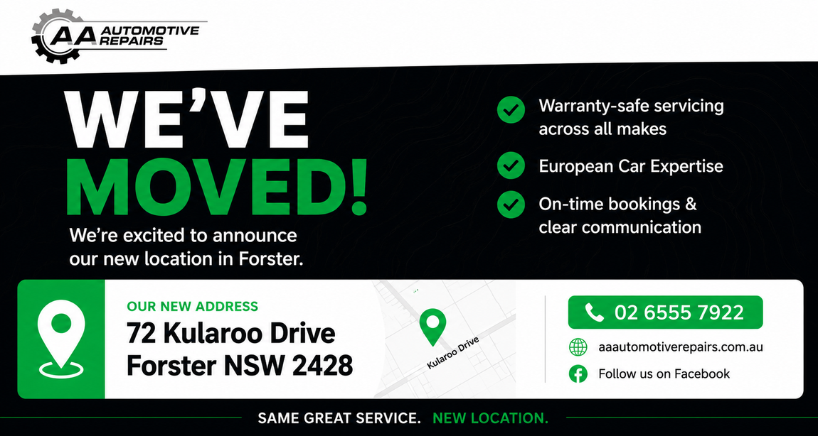 Black-and-green “we’ve Moved!” Announcement for a Renovation Company — AA Automotive Repairs in Forster, NSW