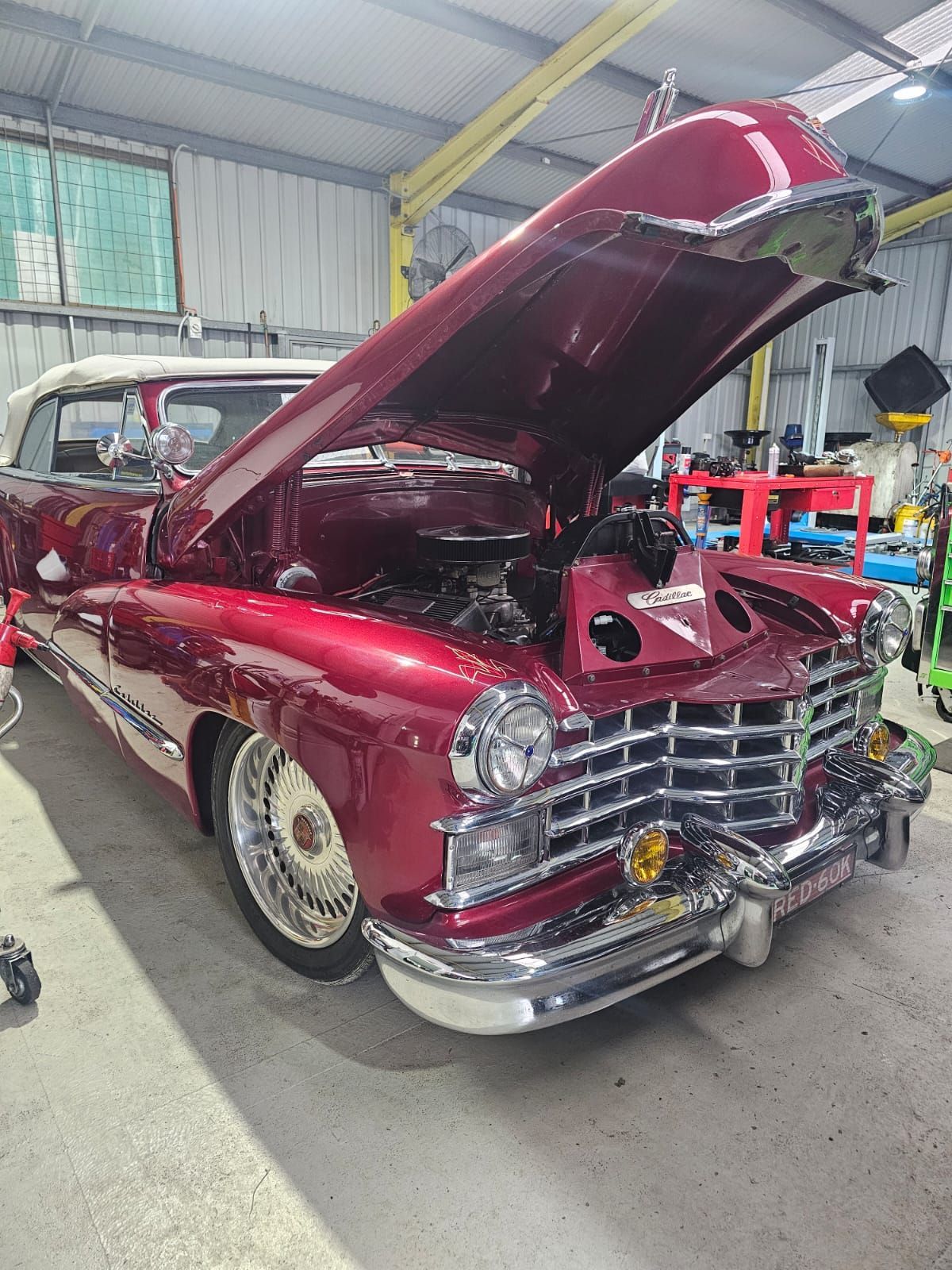 Maroon Classic Car in a Garage, Hood Open — AA Automotive Repairs in Forster, NSW