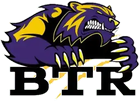 Purple and gold bear mascot above bold black BTR letters