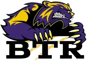 Purple and gold bear mascot above bold black BTR letters
