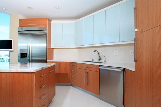 Modern kitchen with light blue cabinets, stainless steel appliances, and wood cabinetry