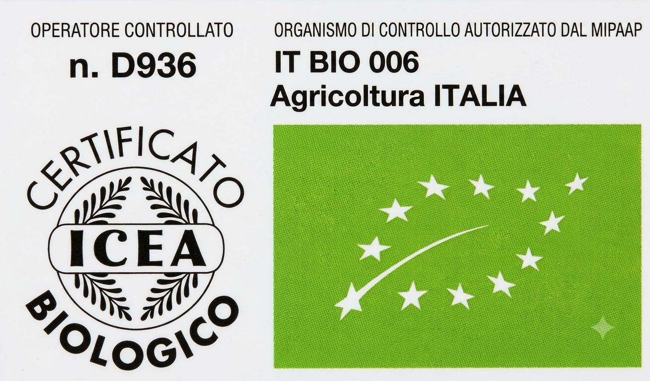 Loghi e marchi di certificazione biologica ICEA e IT BIO 006 Agricoltura Italia su sfondo verde.