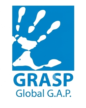 Logo GRASP Global GAP con icona di impronta di mano blu e testo su sfondo bianco.