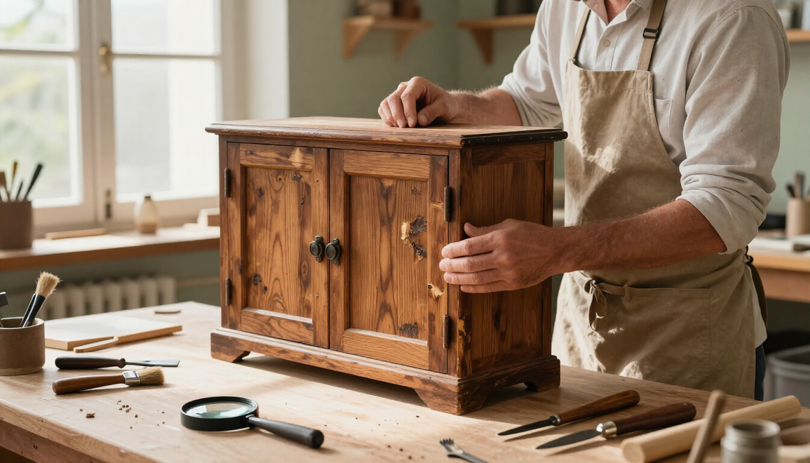 Restauratore che controlla un mobile antico in legno per individuare i segni dei tarli in laboratorio.