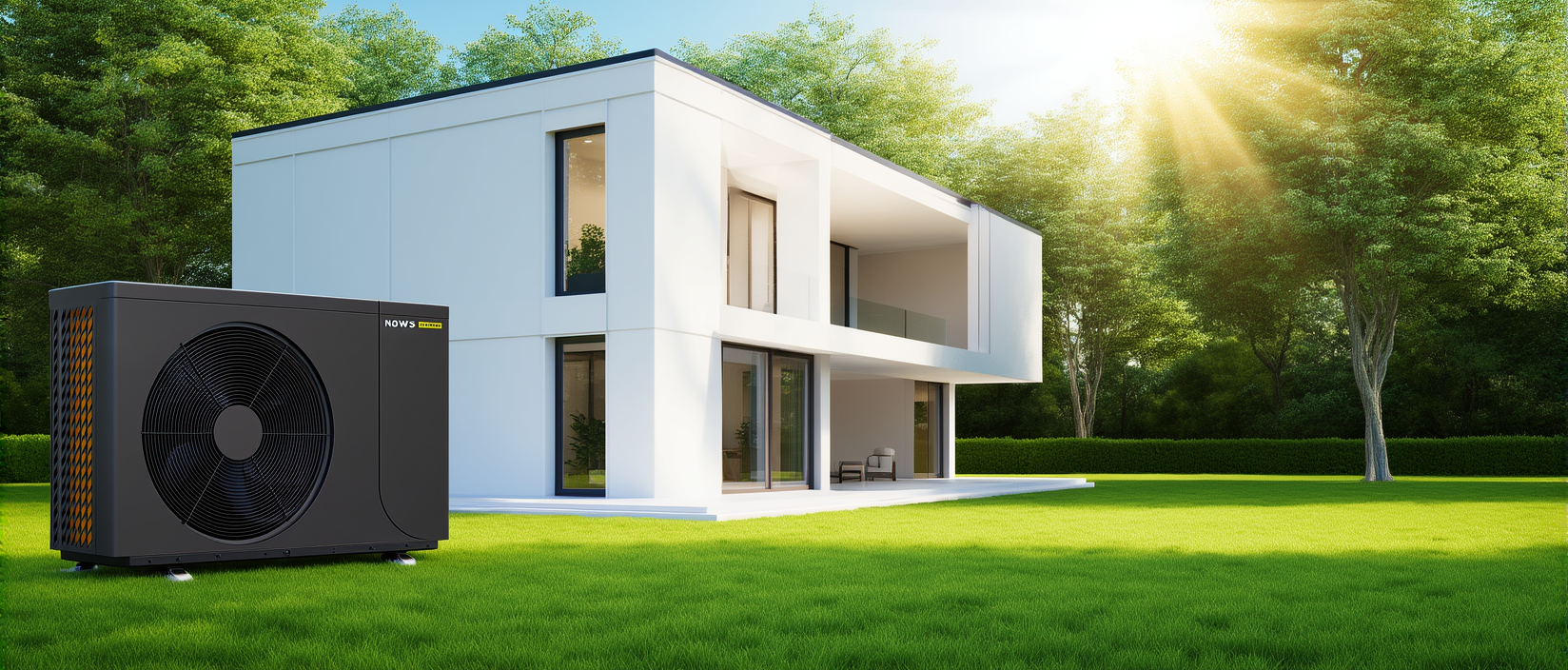 Een modern wit huis met een warmtepomp op een groen gazon met fel zonlicht.