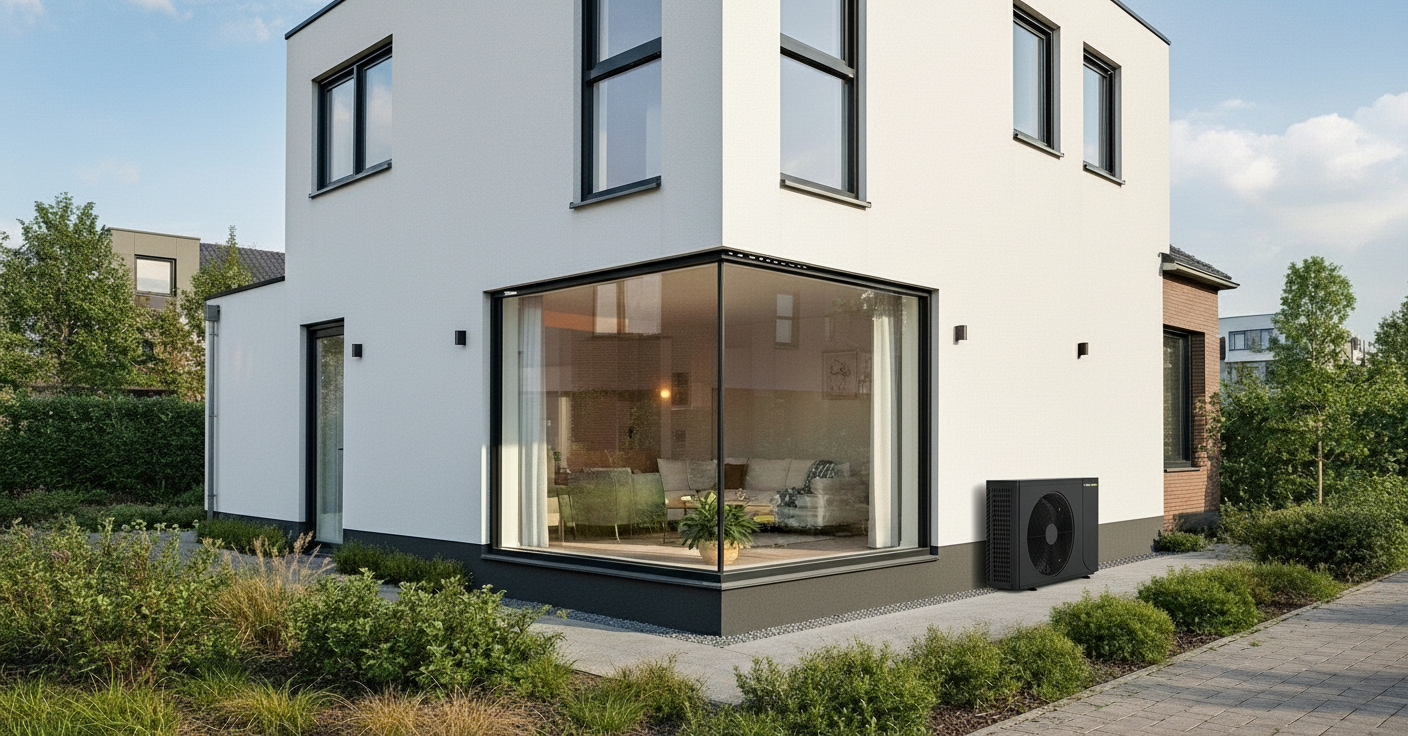 Modern wit huis met groot hoekraam en warmtepompsysteem aan de buitenkant.
