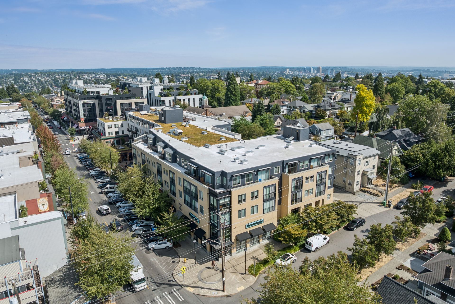 Towne apartment building exterior and surrounding city block