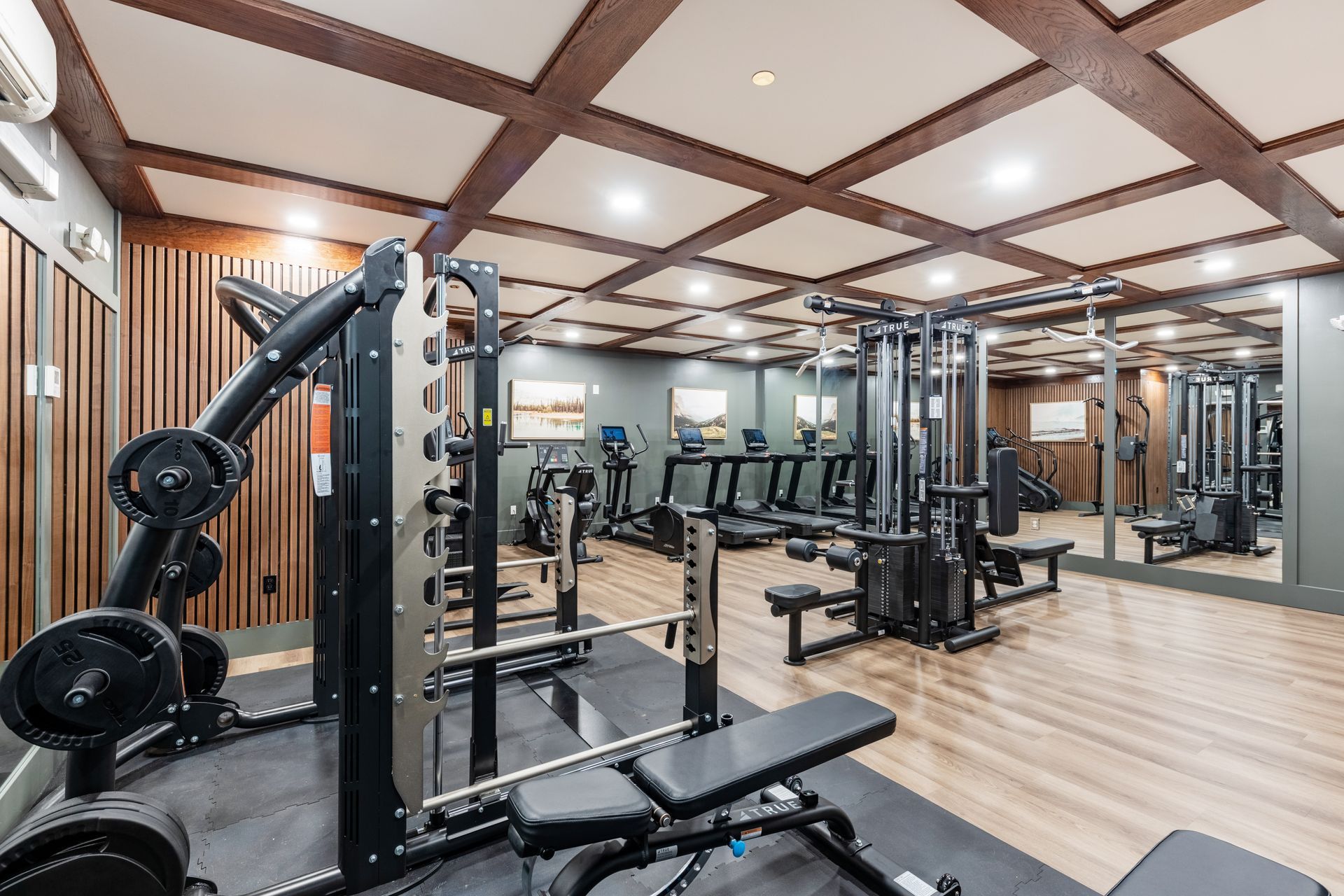 Modern gym interior with cable machines, mirrors, and wood flooring