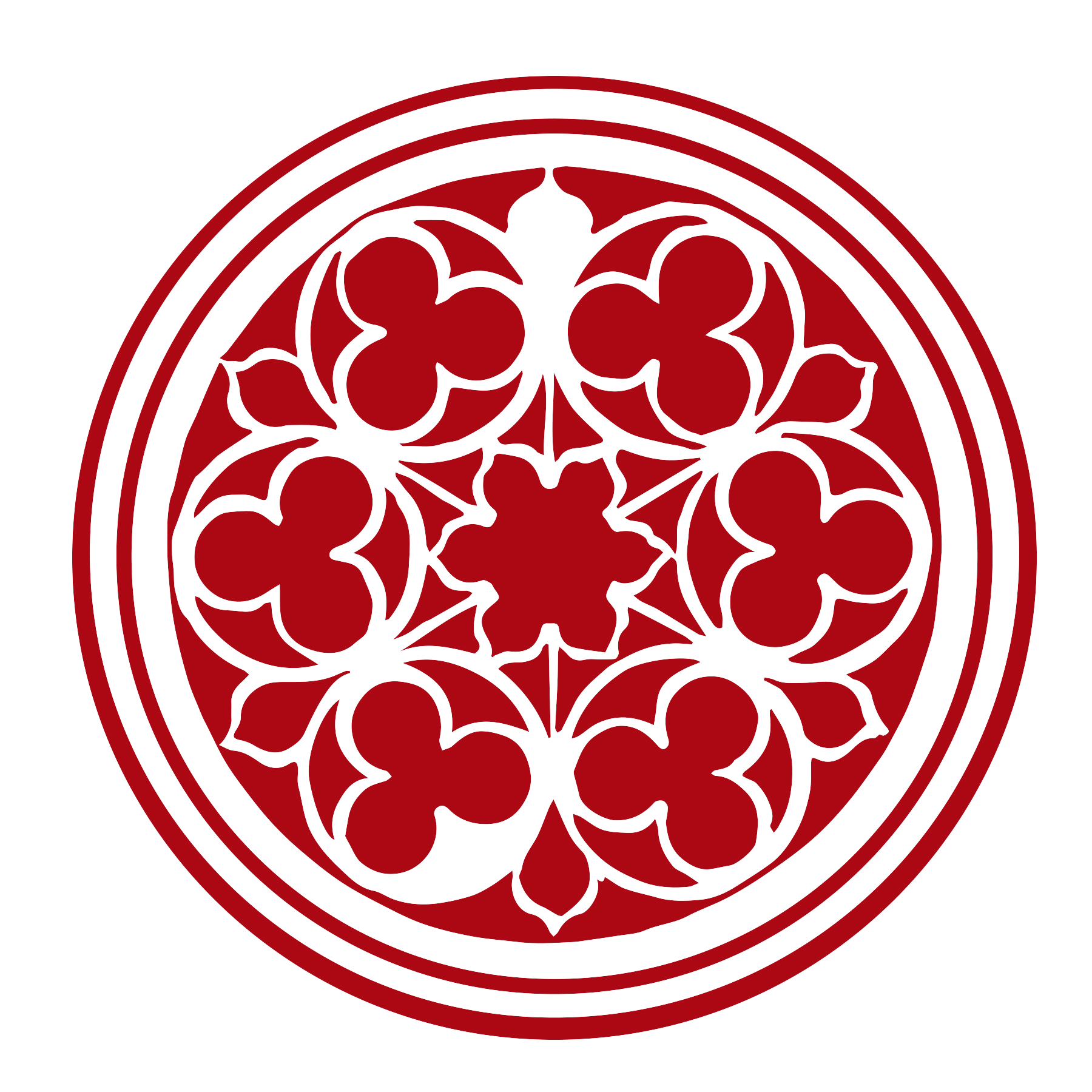 Red circular floral emblem with a white center and decorative petal-like pattern
