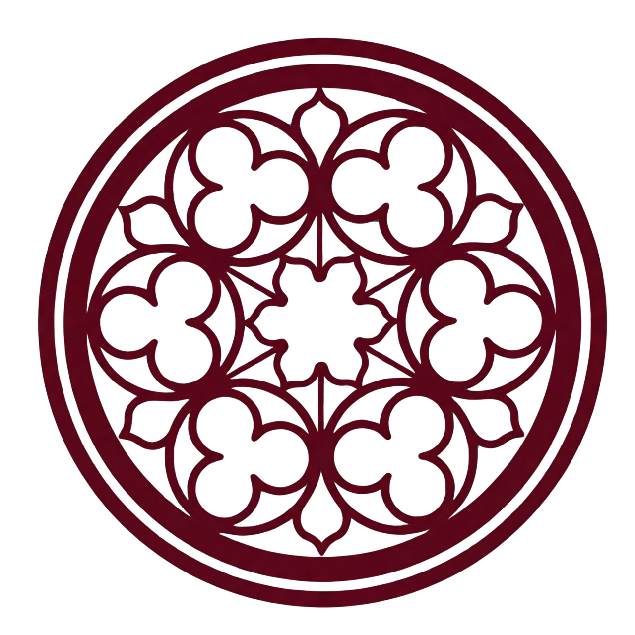 Maroon circular floral mandala with symmetrical petal-like shapes on a white background