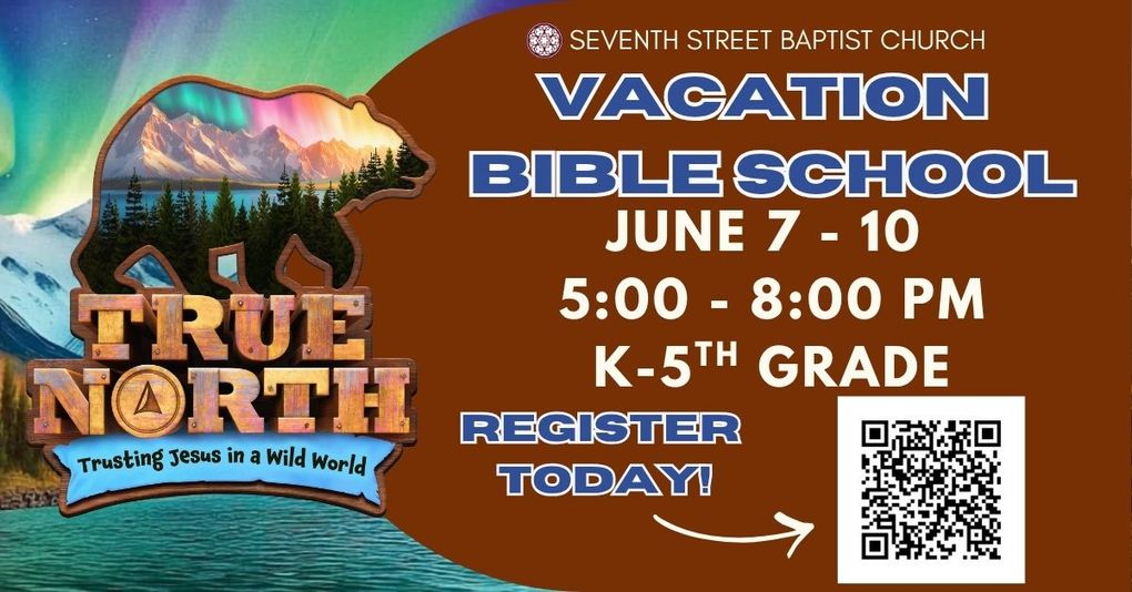 Vacation Bible School flyer with mountains and bear, June 7-10, 5-8 PM, K-5th grade, register today.