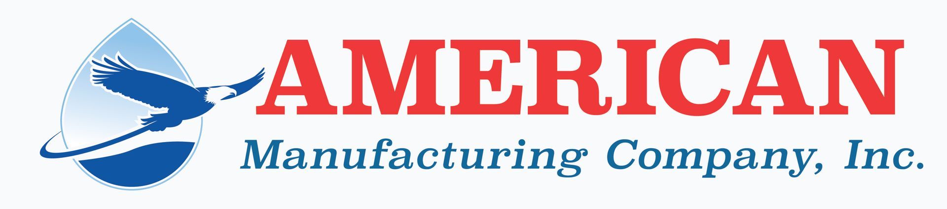 Logo of American Manufacturing Company, Inc. with a stylized blue water droplet with bird inside and red 