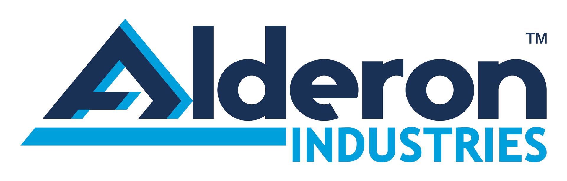 Logo of Alderon Industries: Dark and light blue geometric design with company name below.