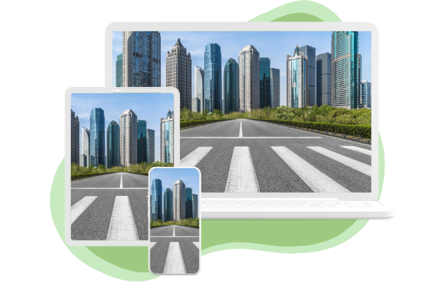 Graphic of a laptop, ipad, and phone with an image of a city