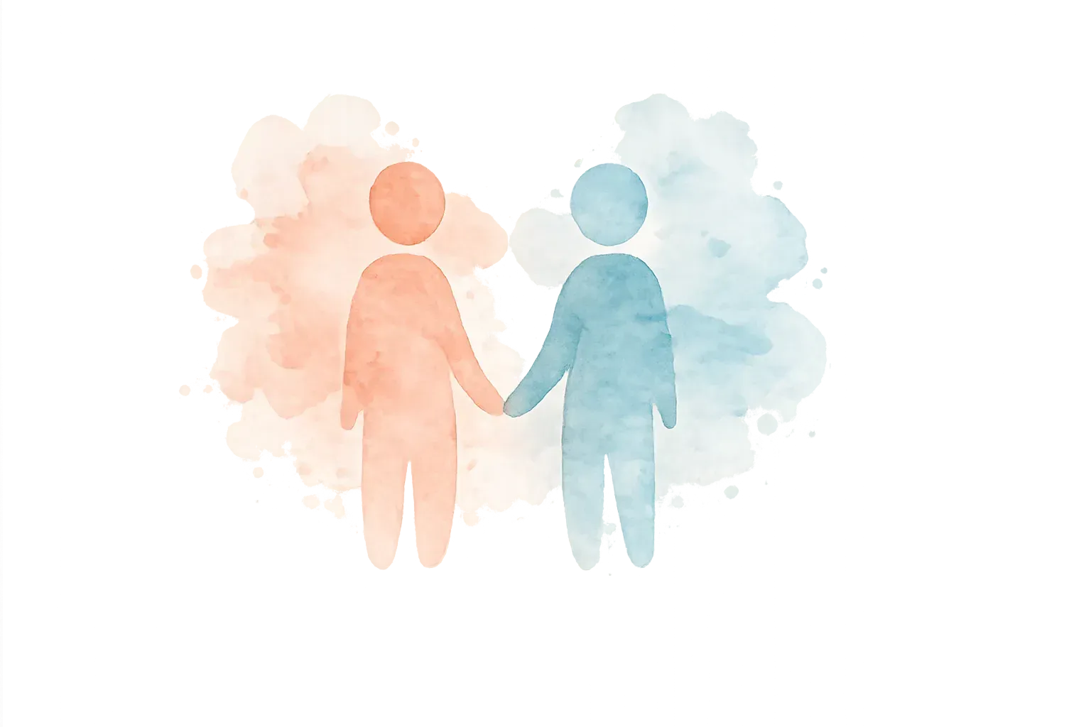 Deux silhouettes à l'aquarelle se tenant la main, l'une pêche et l'autre bleue, sur un fond doux évoquant des nuages.