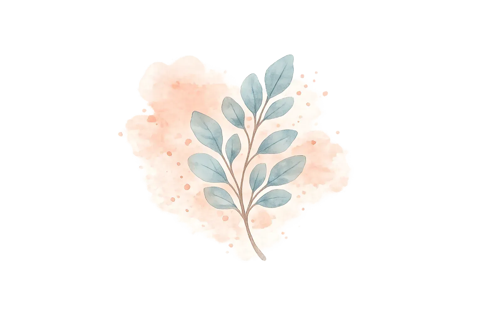 Branche botanique à l'aquarelle avec des feuilles bleues et des touches de fond pêche douces