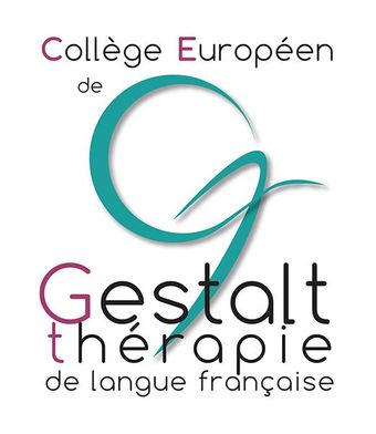 Logo du Collège Européen de Gestalt thérapie de langue française, avec grand G turquoise et texte rose/noir.