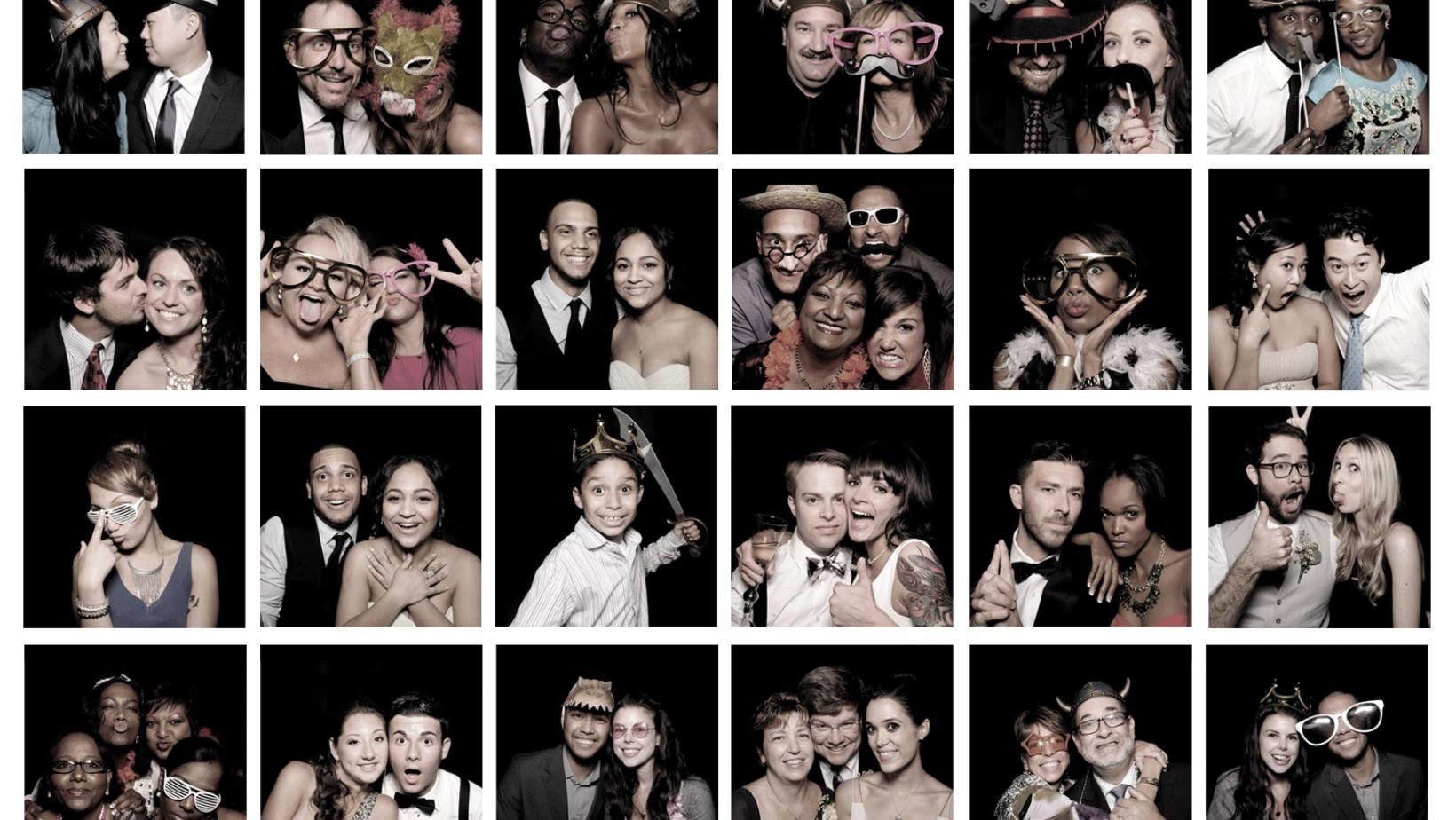 Collage of friends posing at a party, many wearing glasses and smiling in dim lighting