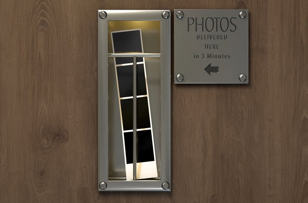 Wooden door with a small window and a metal sign reading “PHOTOS” with an arrow pointing left.