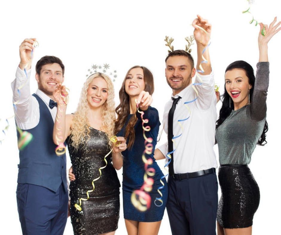 Five colleagues in office attire smiling and raising confetti poppers against a white background
