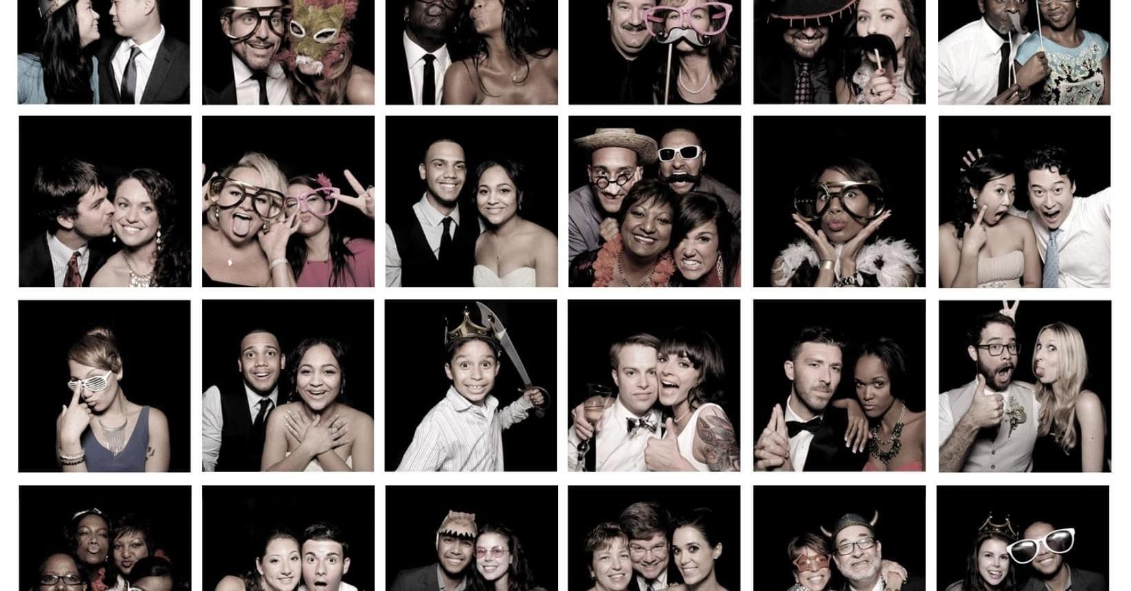 Collage of black-and-white party photos showing groups of people posing, smiling, and making faces.
